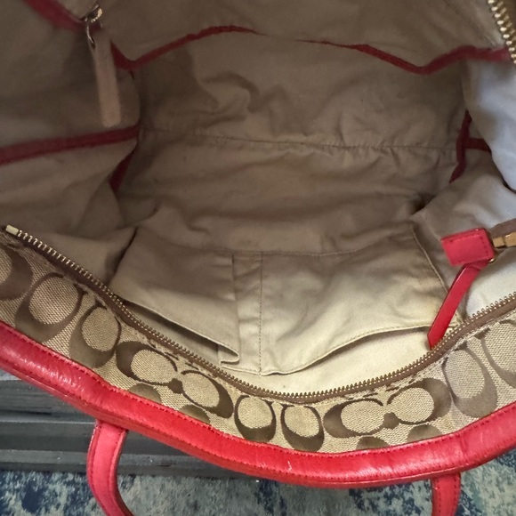 Coach 23465 Signature Canvas Weekend Zip Top Tote Bag Purse Handbag Red Khaki - Picture 11 of 16